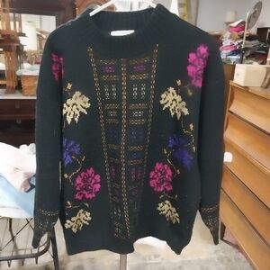 Vtg. Dana Scott Floral Patterned Sweater - Black with Pink and Purple Accents